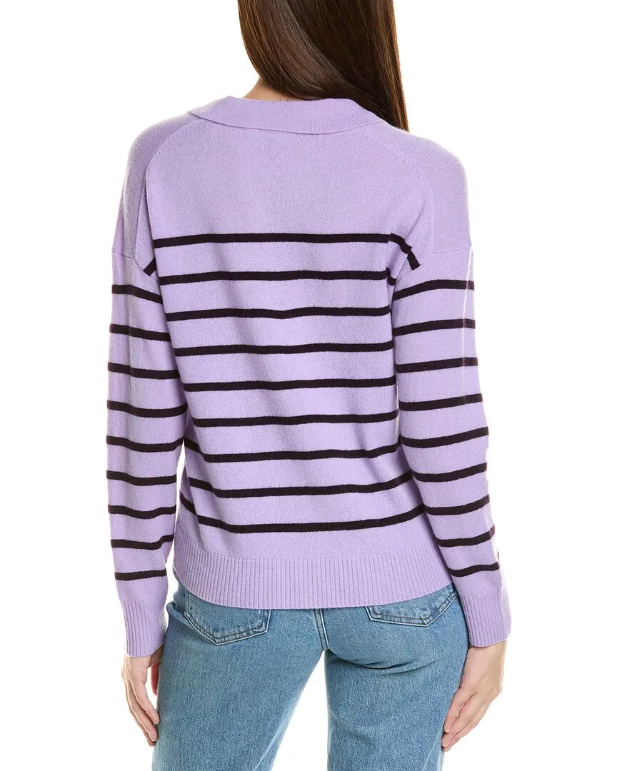 Amicale Cashmere Striped V-Neck Johnny Collar Cashmere Sweater