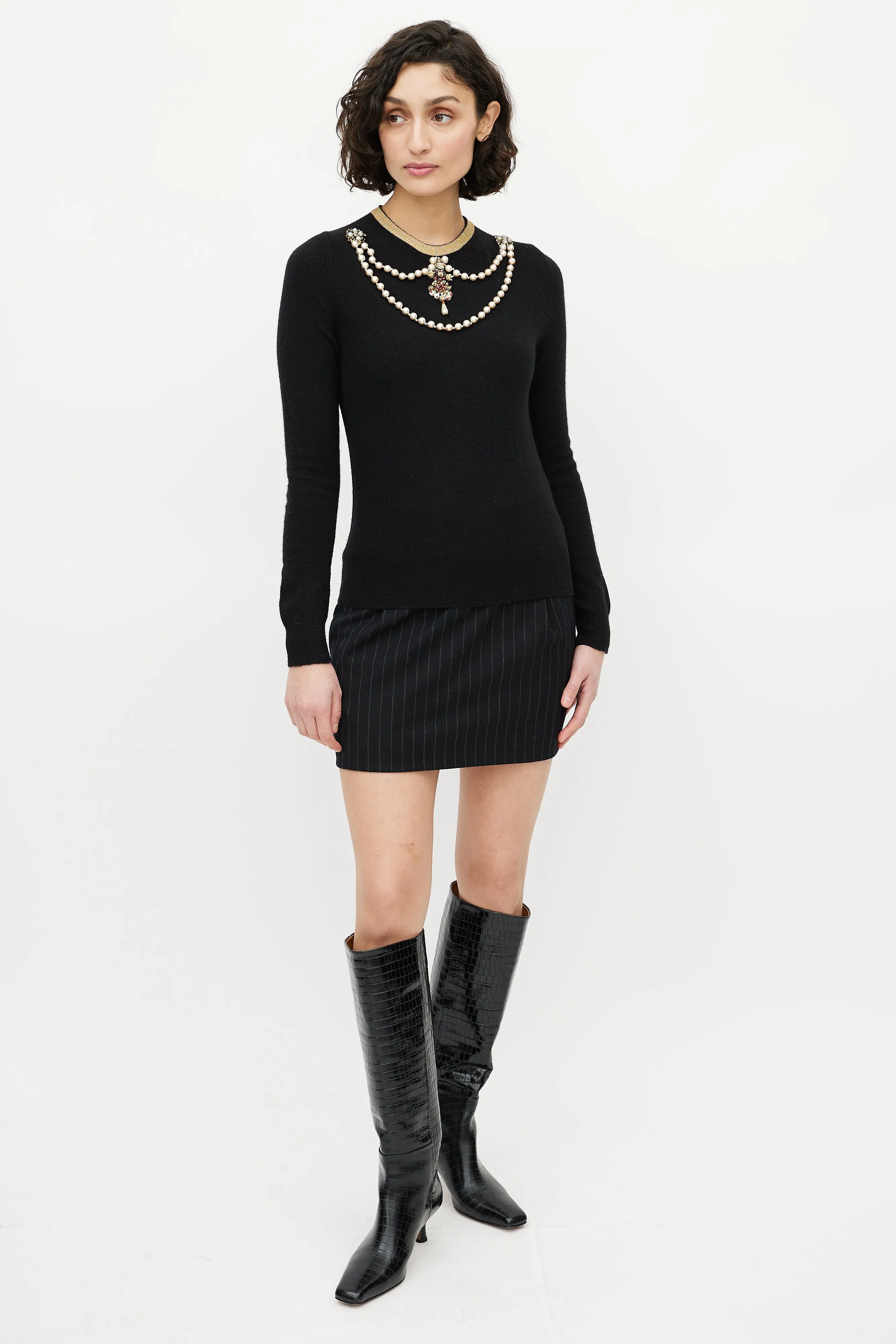 Black & Gold Pearl Embellished  Sweater