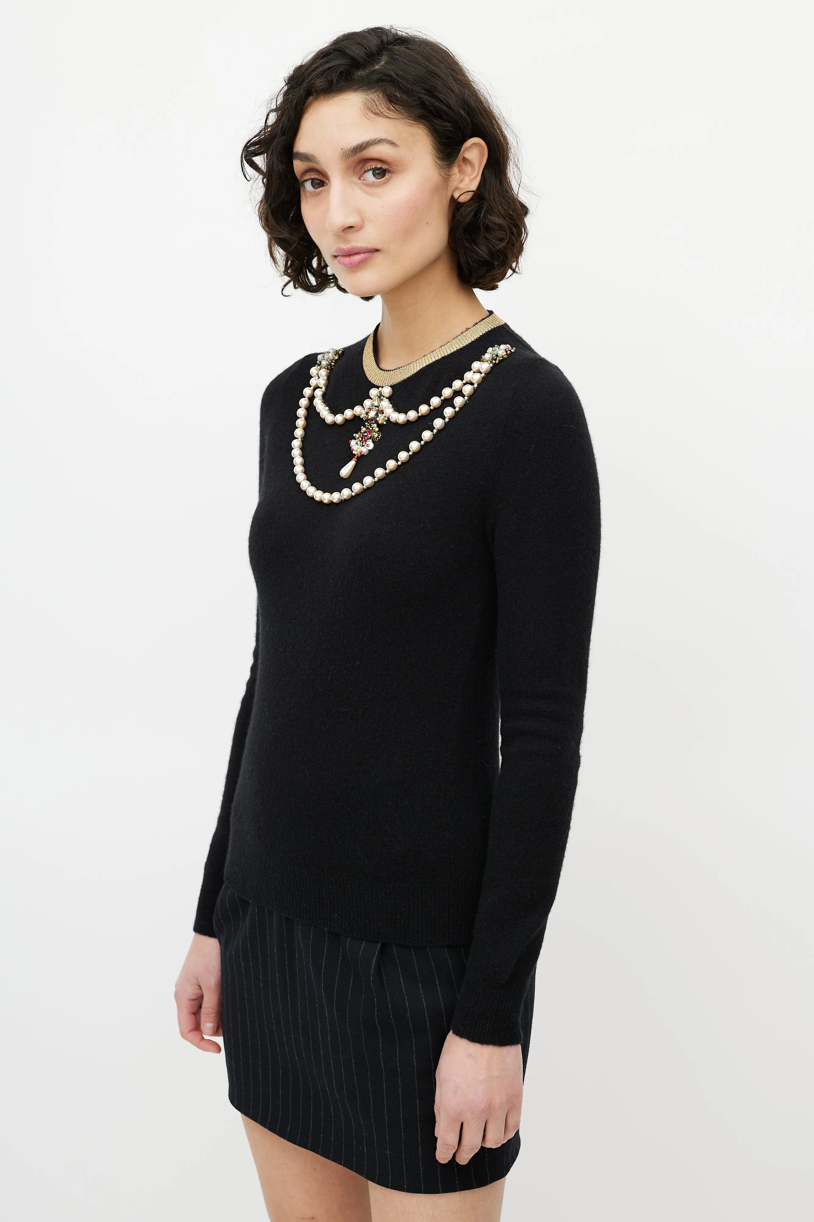 Black & Gold Pearl Embellished  Sweater