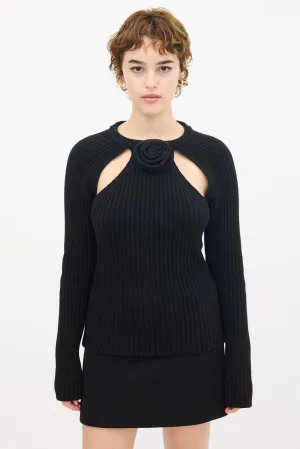Black Wool Knit Ribbed Floral Sweater