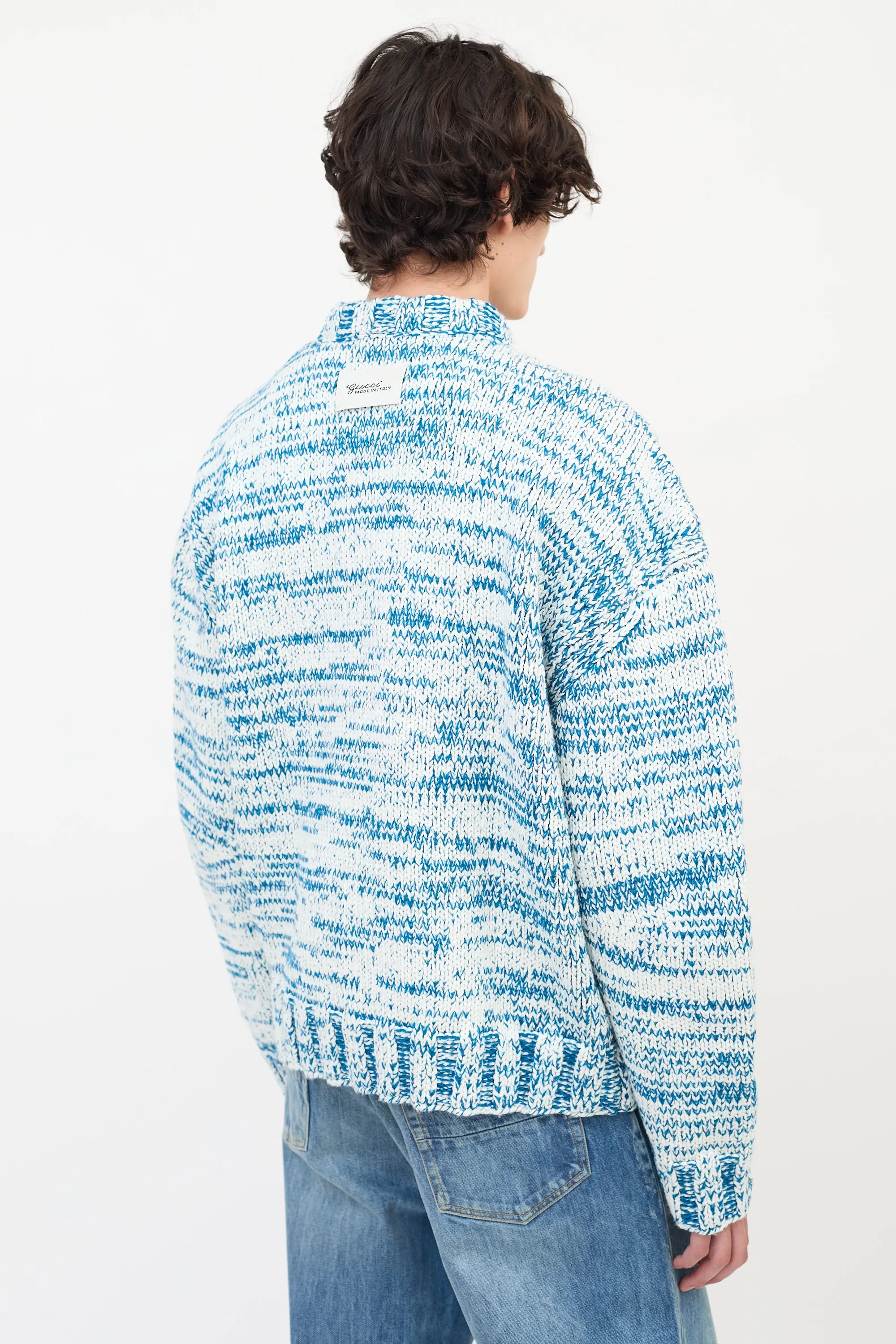 Blue & White Wool Knit Zip Shoulder Sweater