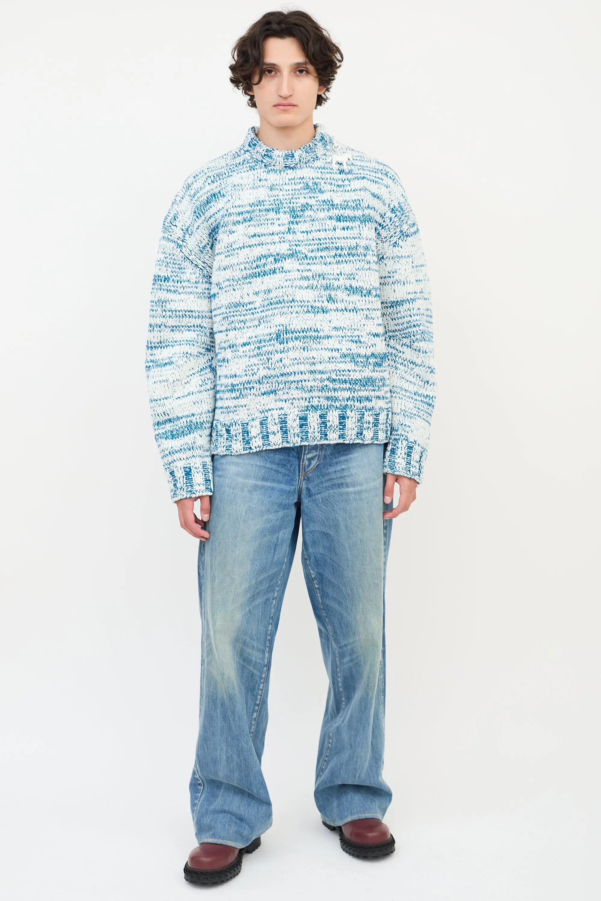 Blue & White Wool Knit Zip Shoulder Sweater