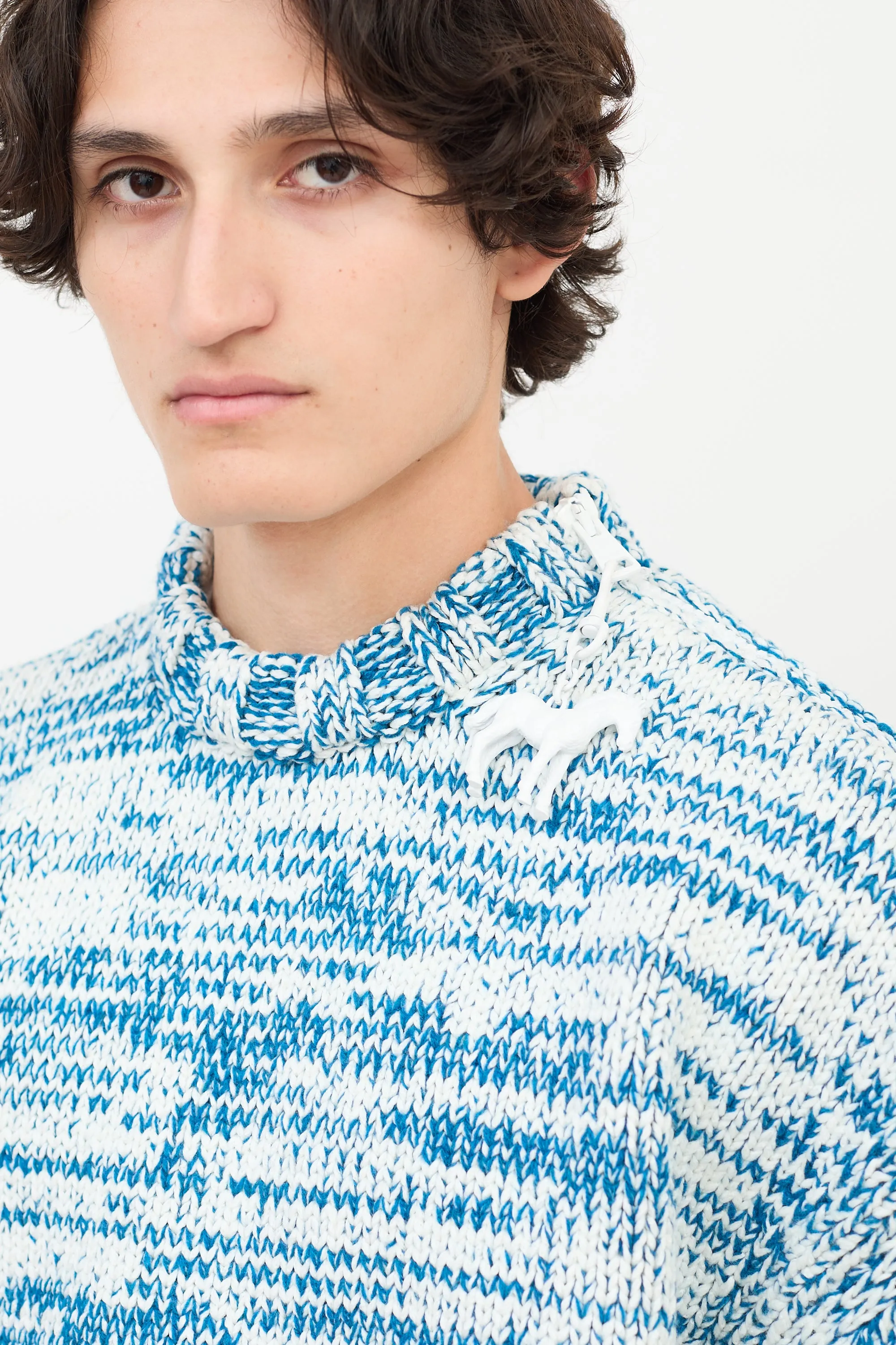 Blue & White Wool Knit Zip Shoulder Sweater