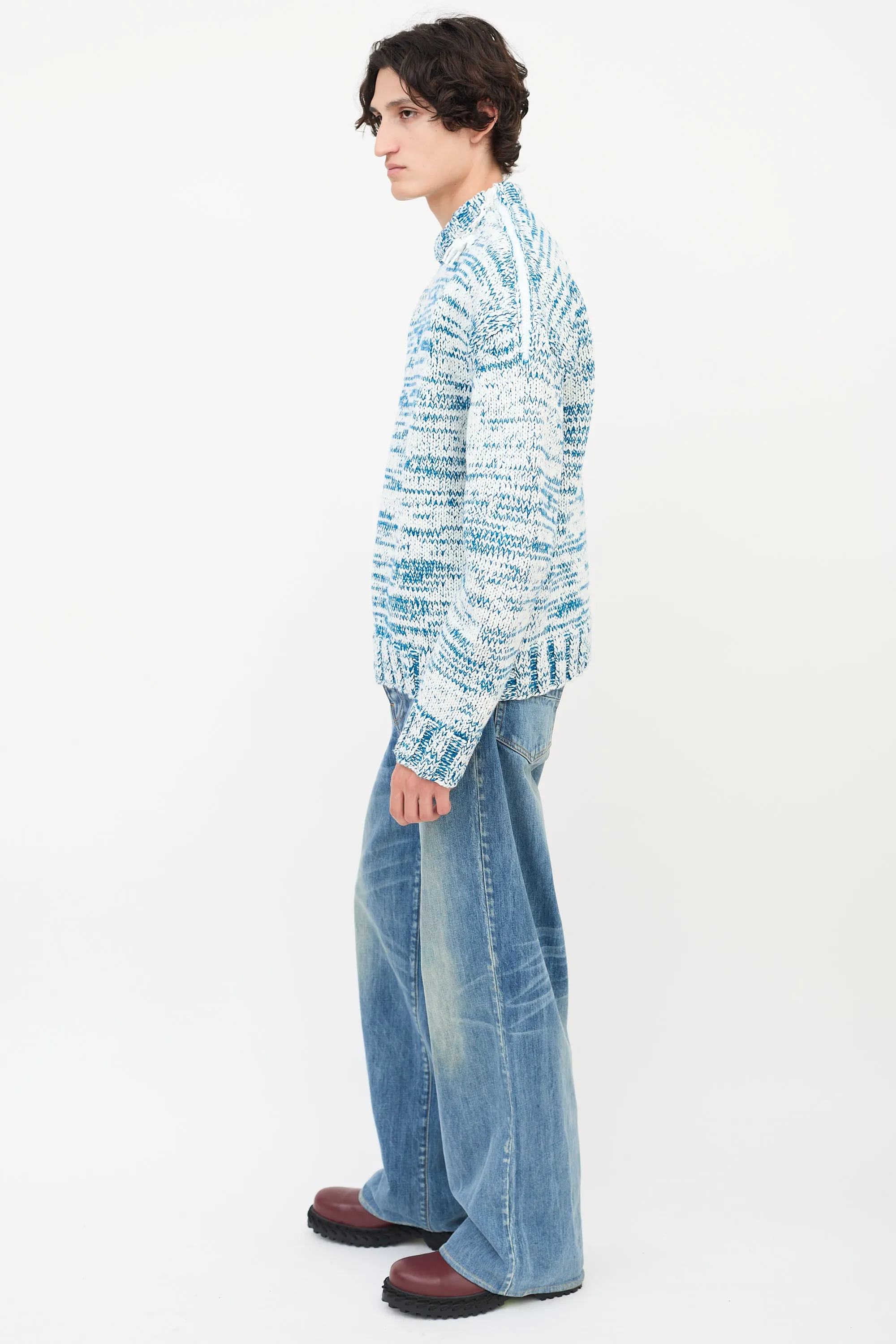Blue & White Wool Knit Zip Shoulder Sweater