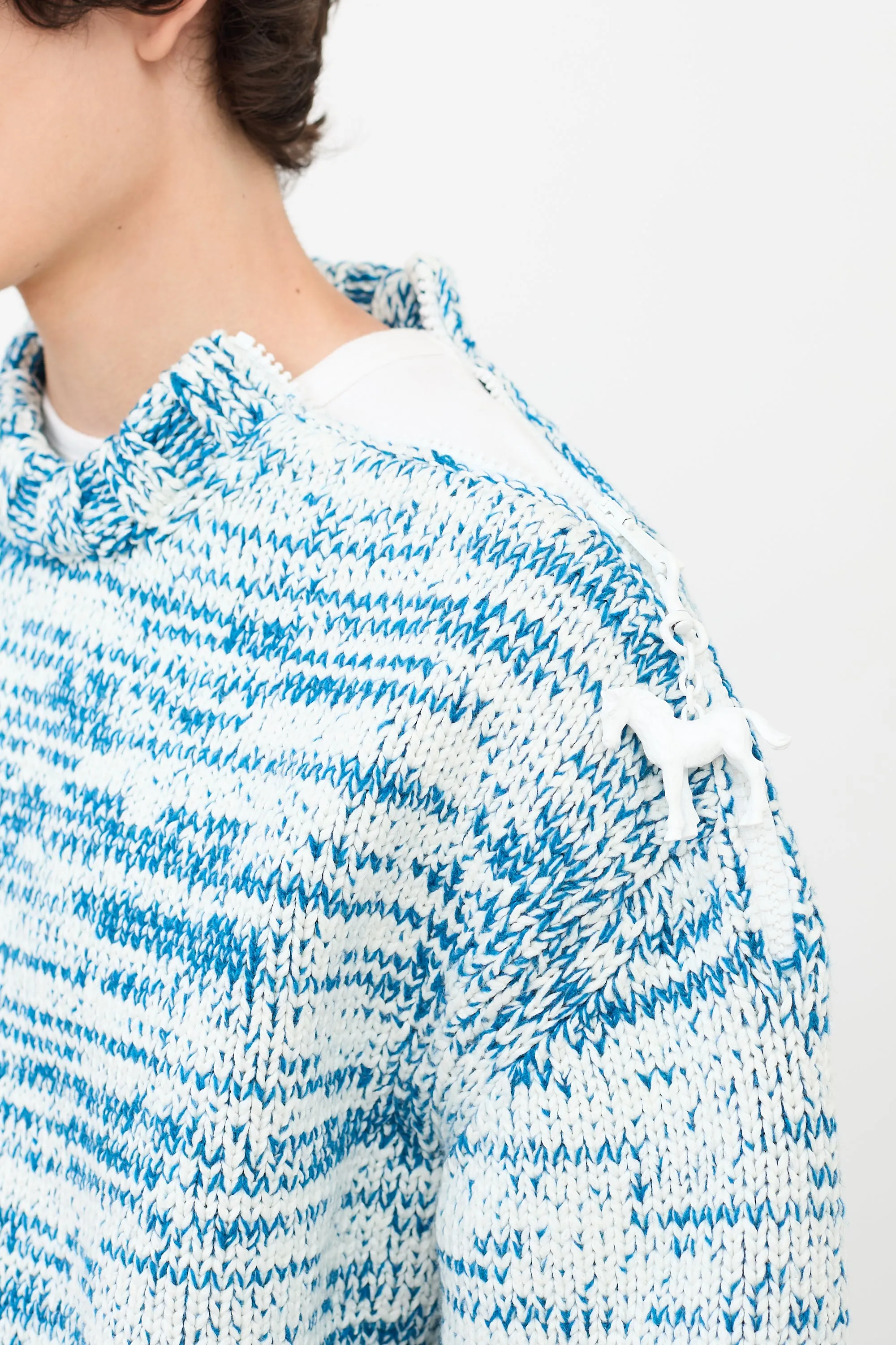 Blue & White Wool Knit Zip Shoulder Sweater