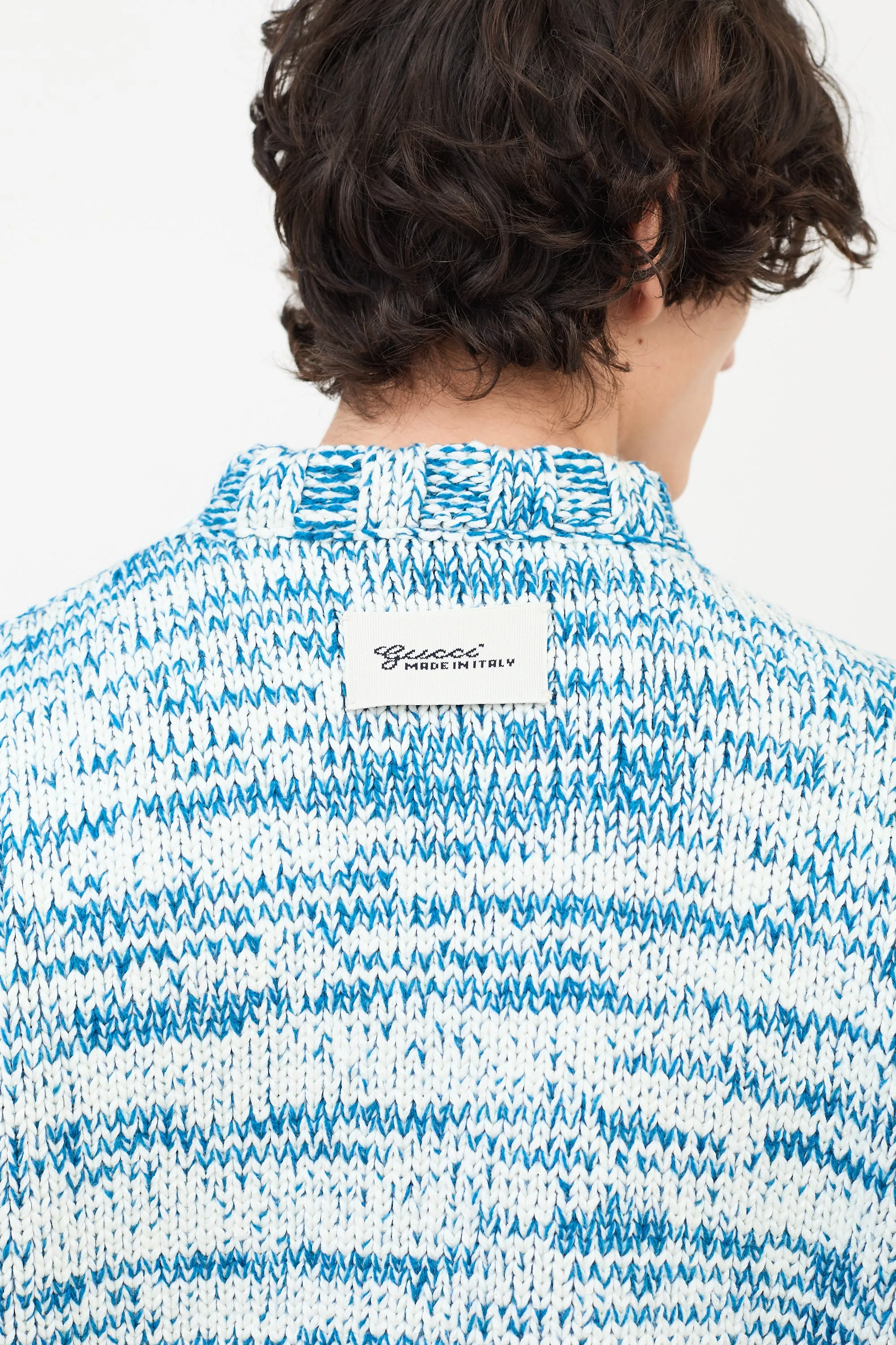 Blue & White Wool Knit Zip Shoulder Sweater