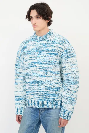 Blue & White Wool Knit Zip Shoulder Sweater