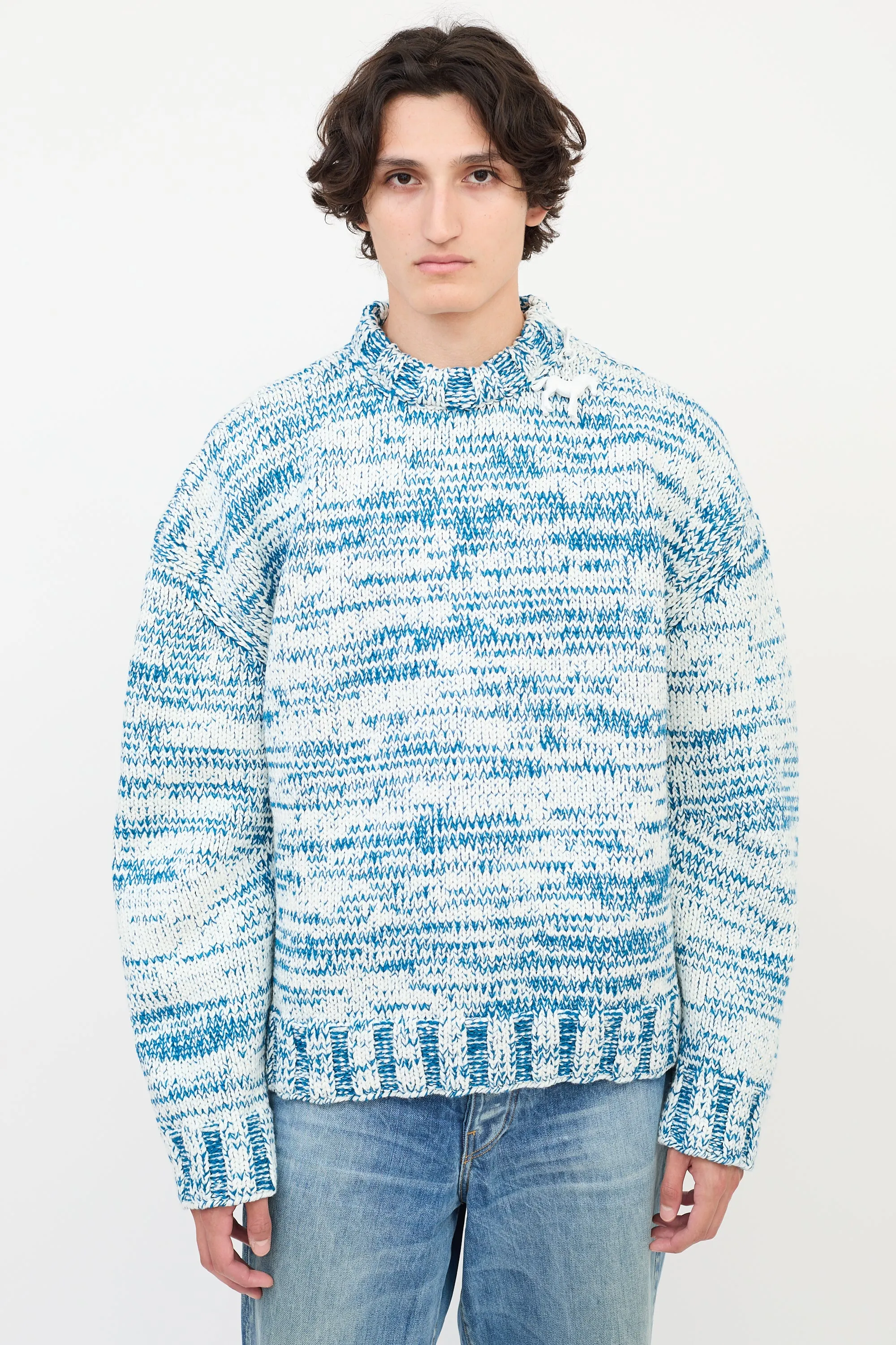 Blue & White Wool Knit Zip Shoulder Sweater