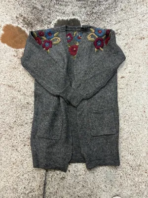 Stetson Womens Mid Length Floral Grey Acrylic Blend Cardigan Sweater