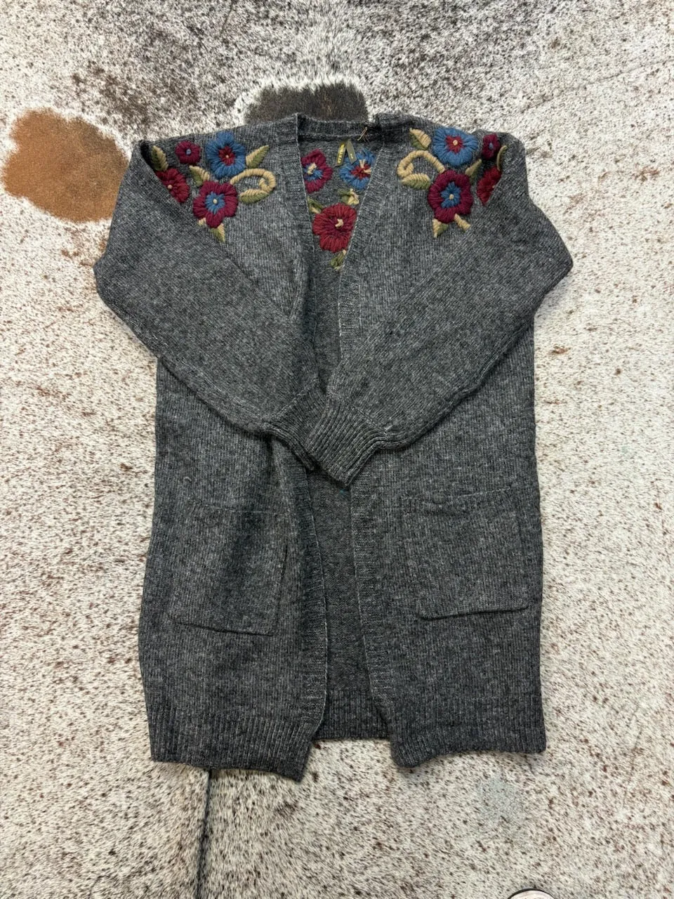 Stetson Womens Mid Length Floral Grey Acrylic Blend Cardigan Sweater