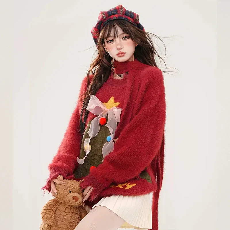 Sweet Red Christmas Tree Embroidered Sweater