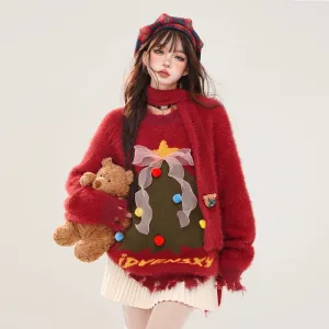 Sweet Red Christmas Tree Embroidered Sweater