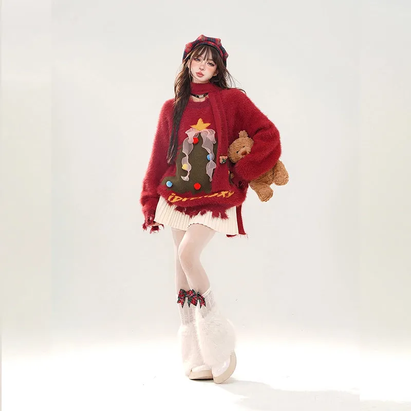 Sweet Red Christmas Tree Embroidered Sweater
