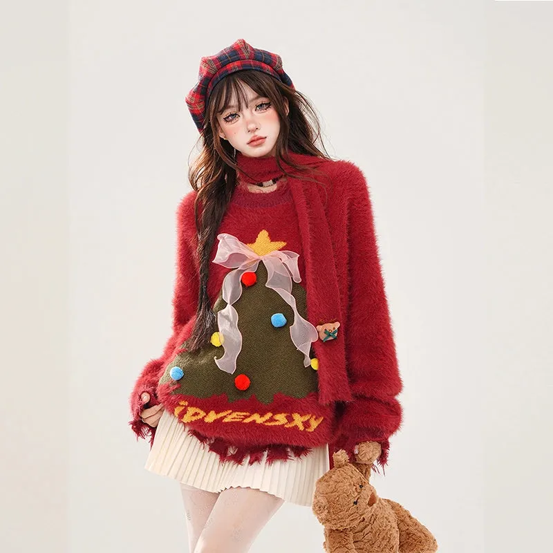 Sweet Red Christmas Tree Embroidered Sweater