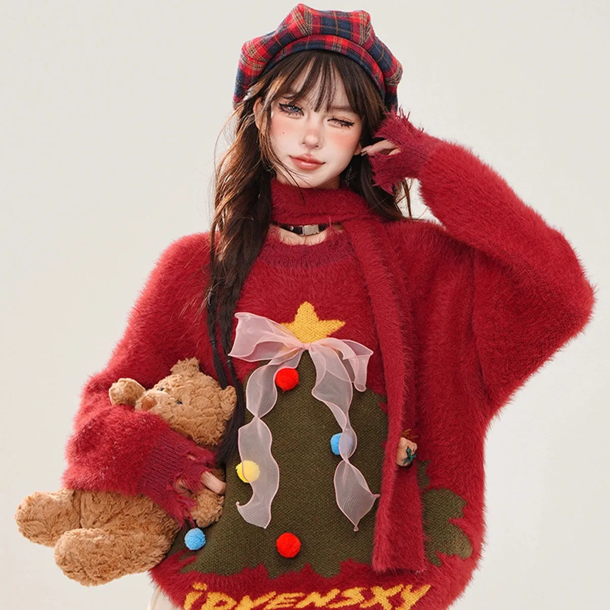 Sweet Red Christmas Tree Embroidered Sweater