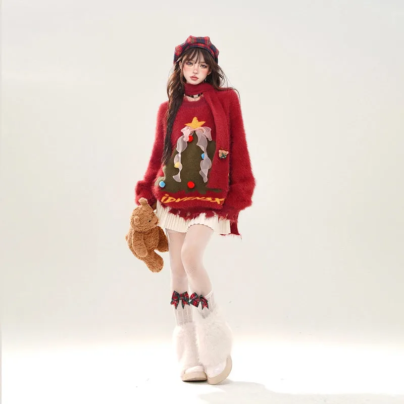 Sweet Red Christmas Tree Embroidered Sweater